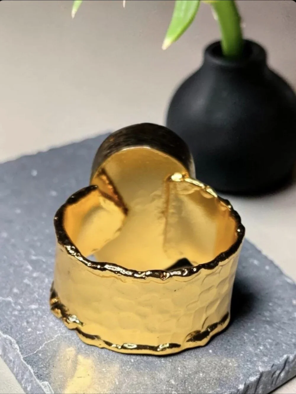18k Gold Plated Hammered Chunky Artisan Genuine Natural Raw Emerald Beveled Ring